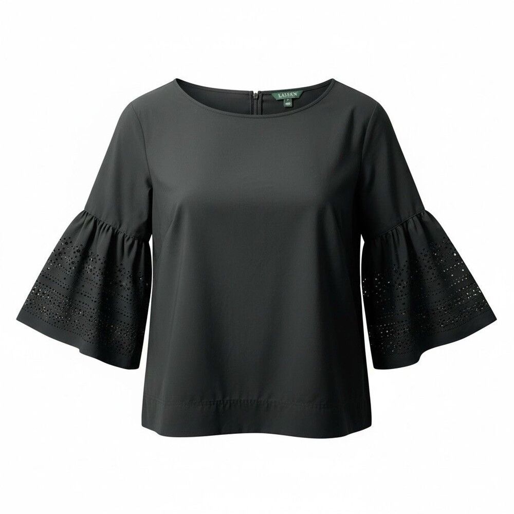 Ralph Lauren Black Cotton Poplin Eyelet Bell Sleeve Cotton Blend  Plus Size 1X